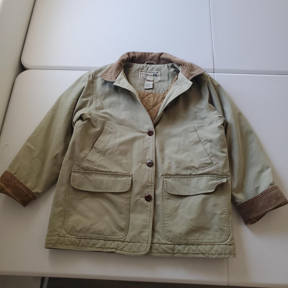 LL Bean Jacket Womens Medium Petite Green Canvas Barn Coat Corduroy Collar Lined
